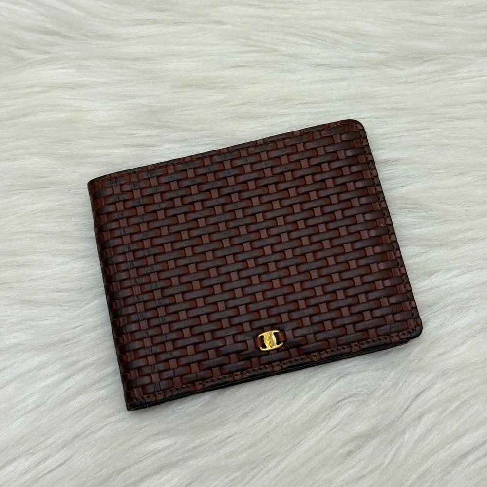 SALVATORE FERRAGAMO - BROWN WOVEN LEATHER BI-FOLD WALLET